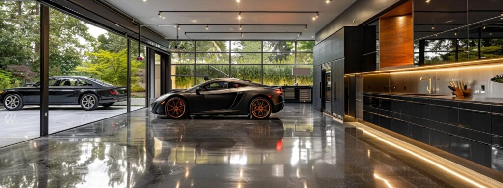 a sleek, modern garage design showcases polished concrete floors, stylish cabinetry, and state-of-the-art lighting, creating a sophisticated indoor space that embodies functionality and elegance.