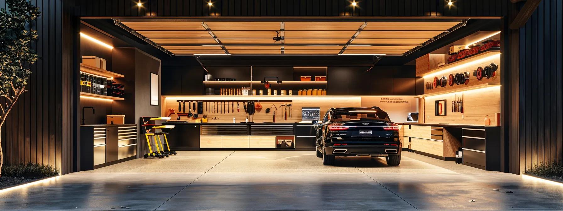 a sleek, organized garage interior showcases distinct zones for vehicle parking, a woodworking workshop, and recreational gear storage, designed with smart technology features and efficient space utilization in mind. a sleek, organized garage interior showcases distinct zones for vehicle parking, a woodworking workshop, and recreational gear storage, designed with smart technology features and efficient space utilization in mind.
