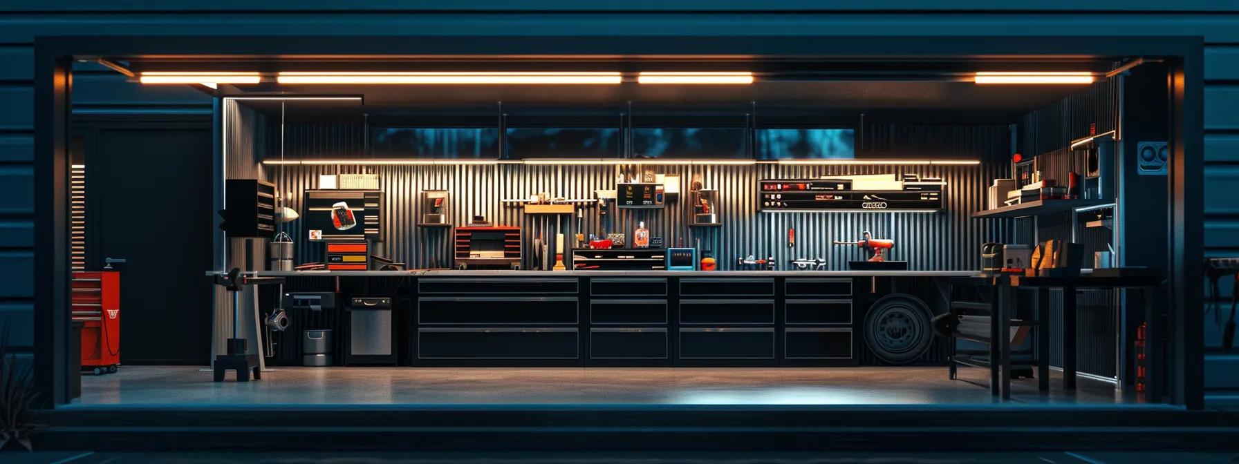 a modern metal carport transformed into a sleek and organized storage space, showcasing neatly arranged tools and equipment under a bright, artificial light, set within a polished urban environment. a modern metal carport transformed into a sleek and organized storage space, showcasing neatly arranged tools and equipment under a bright, artificial light, set within a polished urban environment.