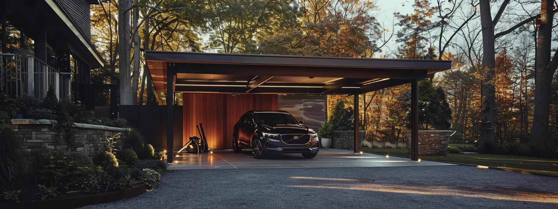 a modern, sleek metal carport stands prominently in a well-organized urban driveway, showcasing its robust design that offers extensive protection from harsh weather elements, while neatly housing a shiny vehicle and outdoor tools under its expansive coverage. a modern, sleek metal carport stands prominently in a well-organized urban driveway, showcasing its robust design that offers extensive protection from harsh weather elements, while neatly housing a shiny vehicle and outdoor tools under its expansive coverage.