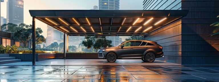 a sleek, modern carport constructed from gleaming metal panels stands prominently in a contemporary urban environment, showcasing a stylish vehicle parked beneath its robust structure against a backdrop of chic city architecture.