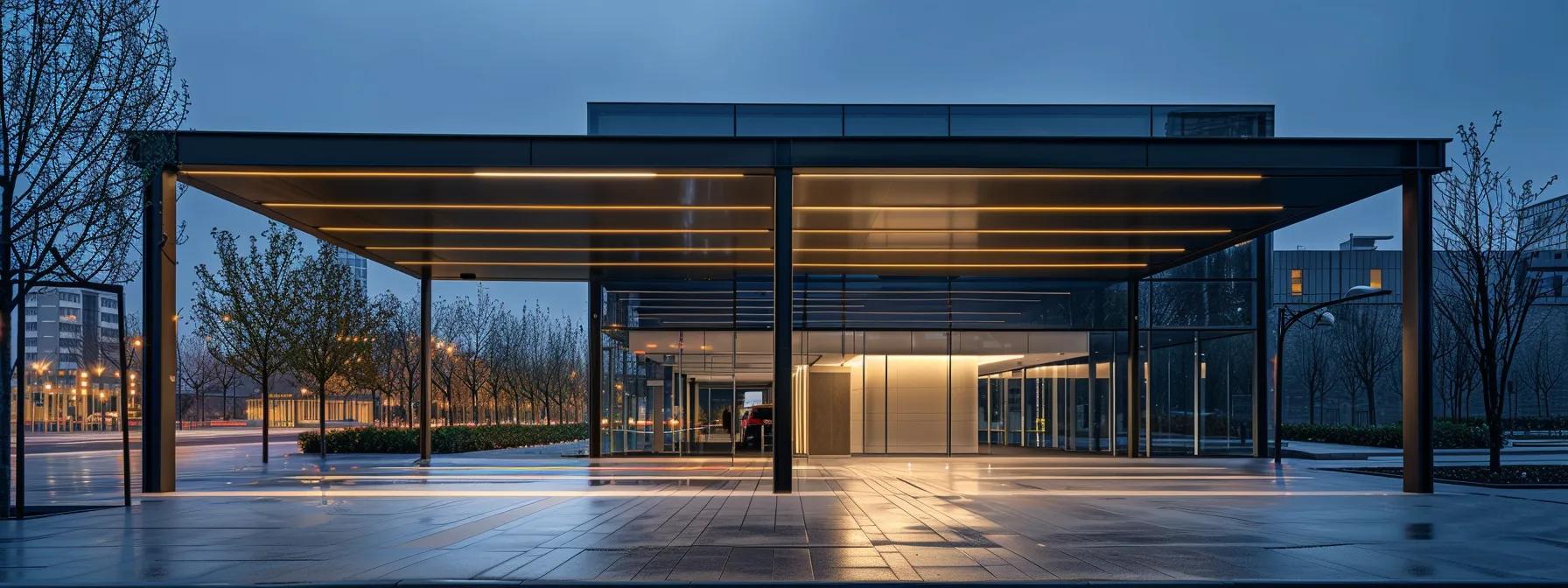 a sleek, modern metal carport stands prominently against an urban backdrop, showcasing its robust steel structure under dramatic industrial lighting, emphasizing strength and durability in a contemporary setting. a sleek, modern metal carport stands prominently against an urban backdrop, showcasing its robust steel structure under dramatic industrial lighting, emphasizing strength and durability in a contemporary setting.