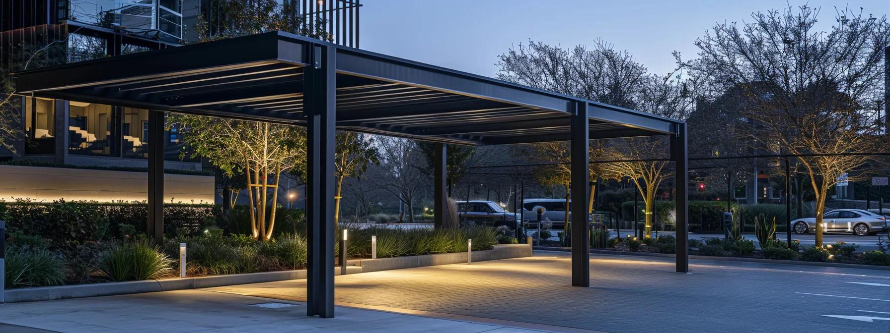 a sleek, modern metal carport stands prominently in an urban setting, showcasing its durable structure and stylish design features under dramatic artificial lighting, emphasizing its protective capabilities and aesthetic appeal. a sleek, modern metal carport stands prominently in an urban setting, showcasing its durable structure and stylish design features under dramatic artificial lighting, emphasizing its protective capabilities and aesthetic appeal.