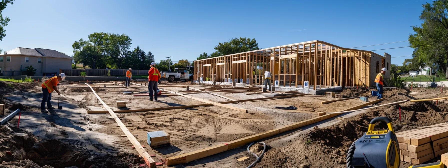 a dynamic construction site showcases the robust framing of a garage, with workers in hard hats meticulously preparing the foundation and installing critical components, all under the watchful eye of an inspector ensuring compliance with safety regulations. a dynamic construction site showcases the robust framing of a garage, with workers in hard hats meticulously preparing the foundation and installing critical components, all under the watchful eye of an inspector ensuring compliance with safety regulations.