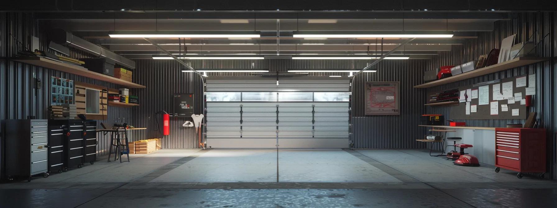 a modern garage build in progress, showcasing clean lines and organized materials, illuminated by bright overhead lights, with detailed architectural plans pinned to a wall, emphasizing meticulous design and construction management. a modern garage build in progress, showcasing clean lines and organized materials, illuminated by bright overhead lights, with detailed architectural plans pinned to a wall, emphasizing meticulous design and construction management.