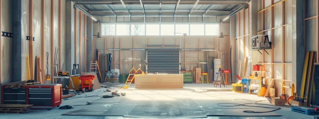 a modern garage under construction, showcasing sleek lines and sturdy materials, with tools and equipment meticulously arranged, highlighting the craftsmanship and precision of the build process.