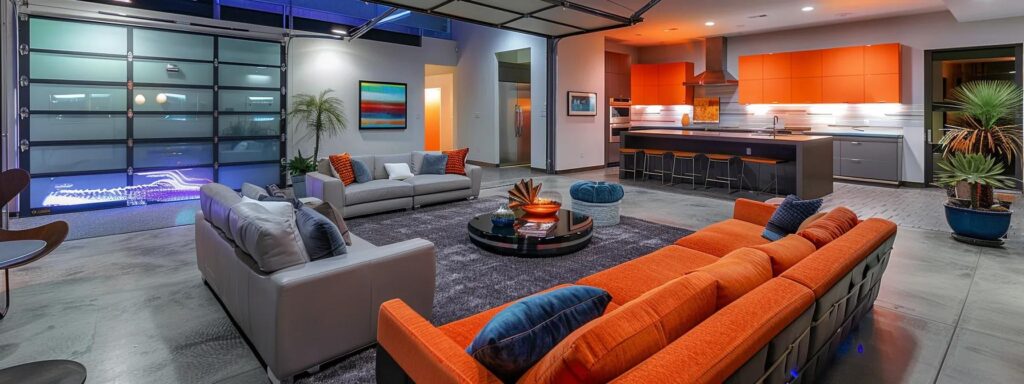 a stylishly transformed garage in a modern phoenix home showcases a vibrant, multifunctional living space with contemporary furniture, sleek decor, and inviting lighting that highlights the potential of urban home renovations.