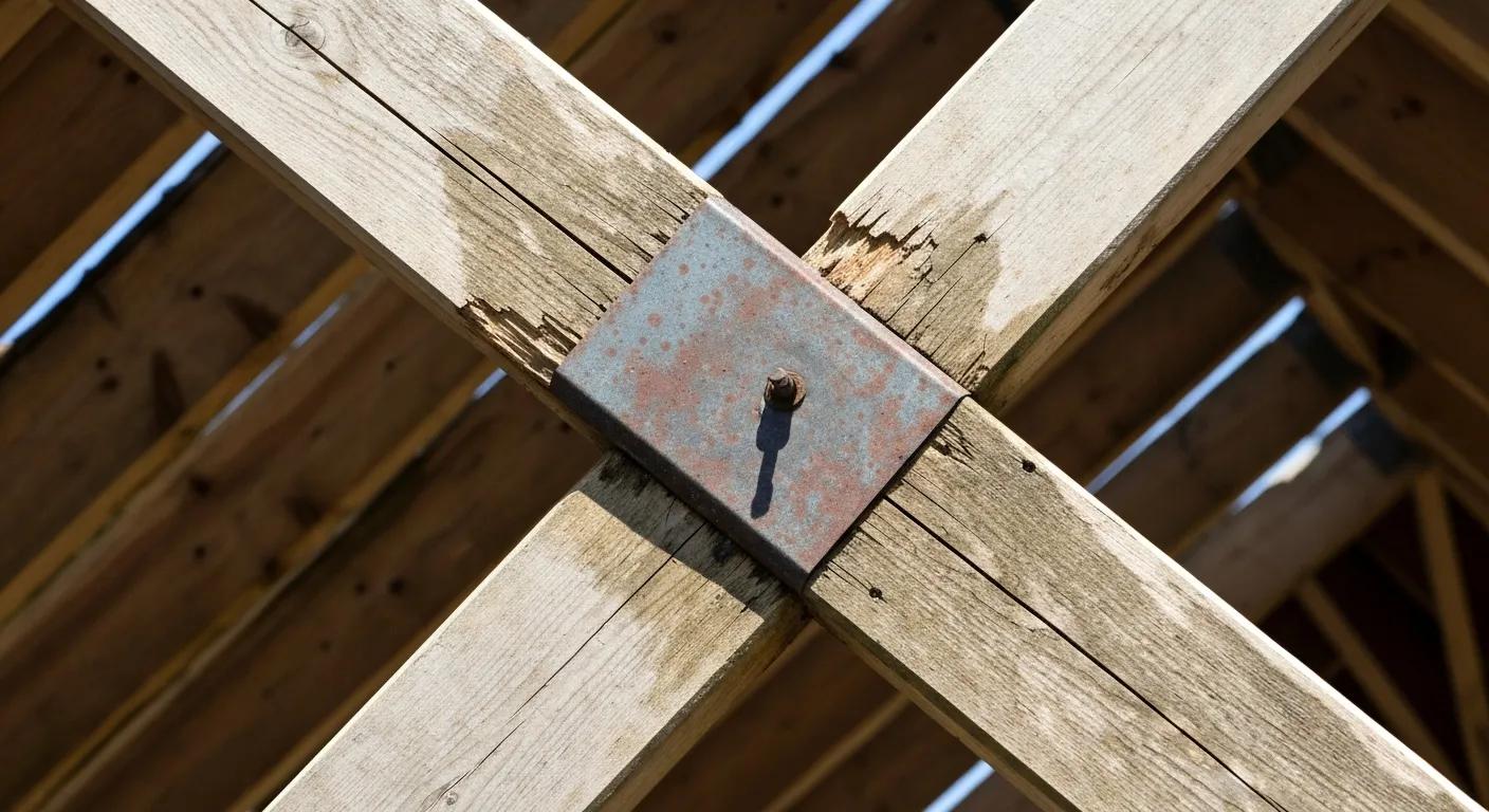 Close-up of a damaged roof truss showing cracks and water stains