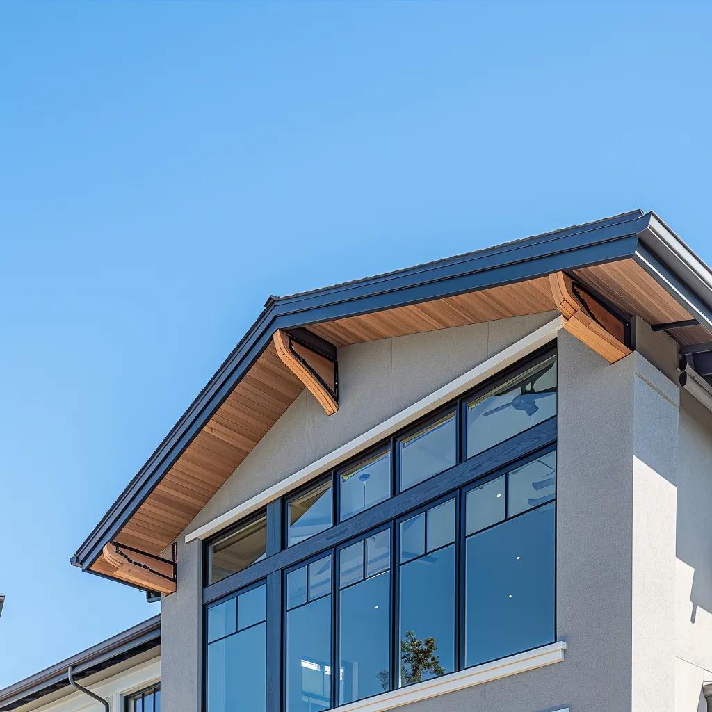 Modern residential home featuring prefabricated roof trusses under a clear blue sky