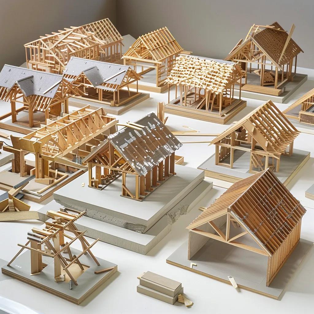 Different types of roof trusses including King Post, Fink, Scissor, and Attic trusses on a construction site