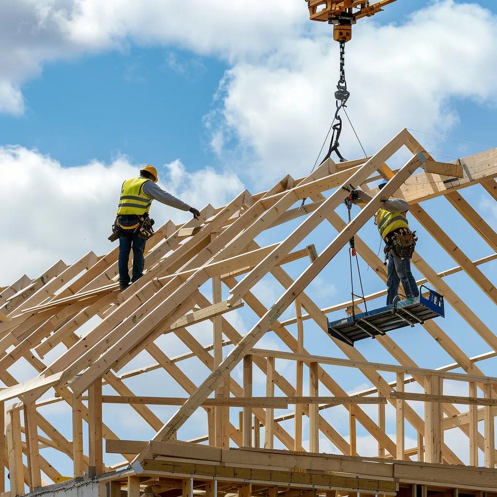 Workers installing roof trusses with a crane on a residential building, showcasing construction safety