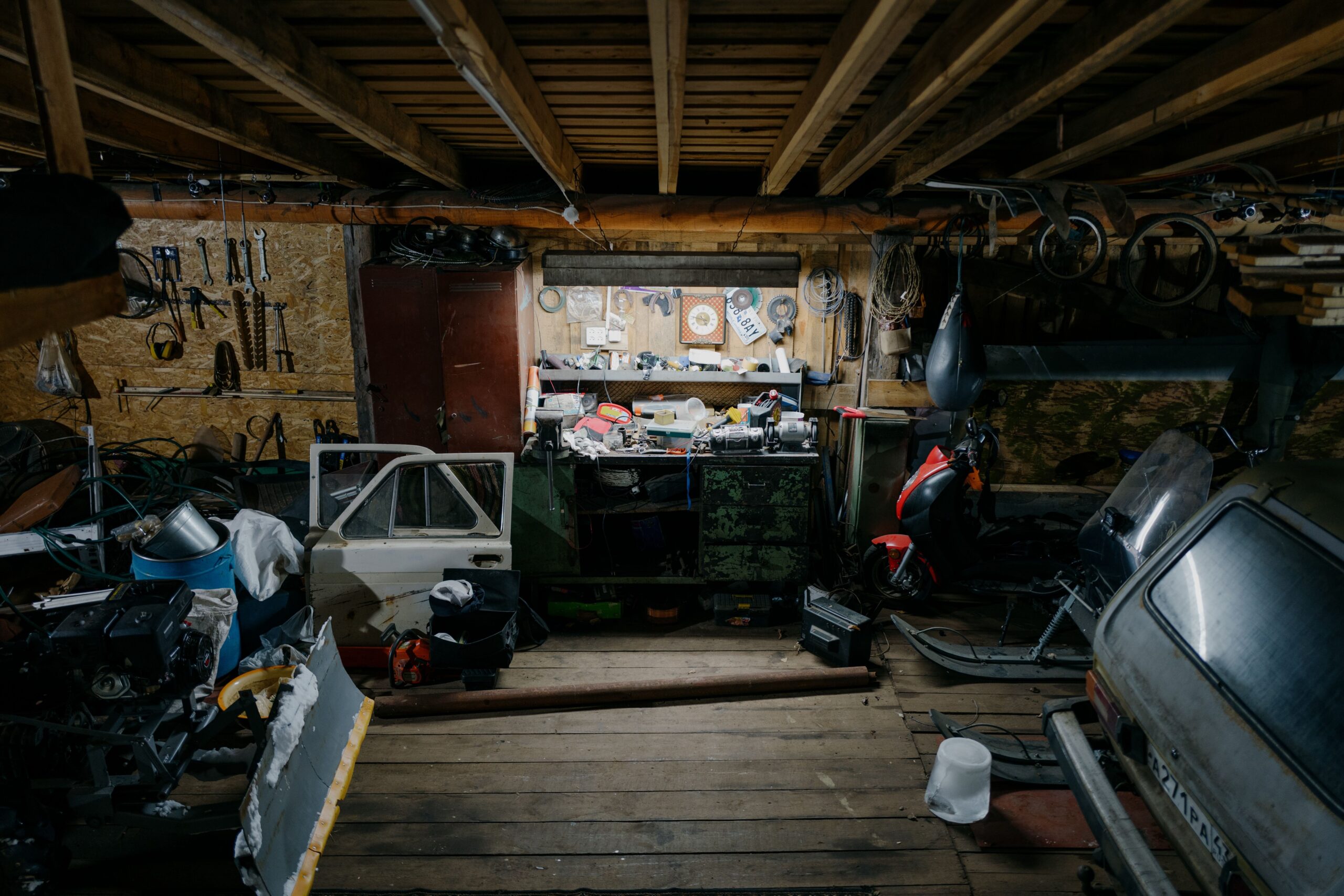 Garage workshop with tools, workbench, equipment and storage
