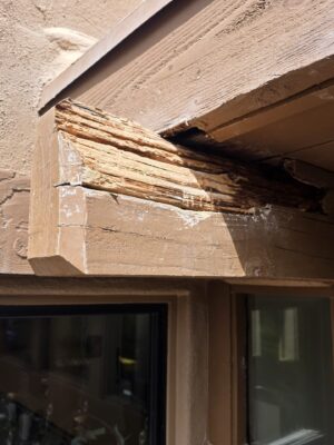 Weathered exposed patio beam end with deteriorated wood before repair