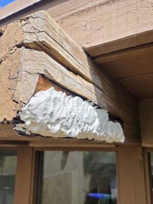 Damaged beam end during exterior wood restoration process